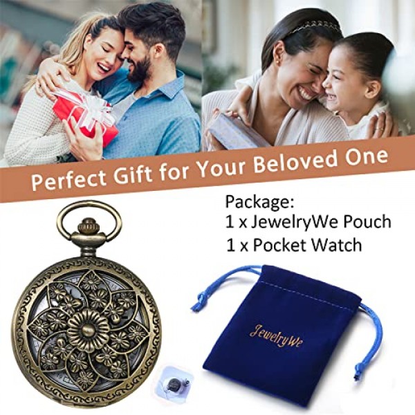 JewelryWe 레트로 동백 꽃 주머니 시계 여성 남여 아날로그 석영 시계 목걸이 체인 주머니 시계 선물