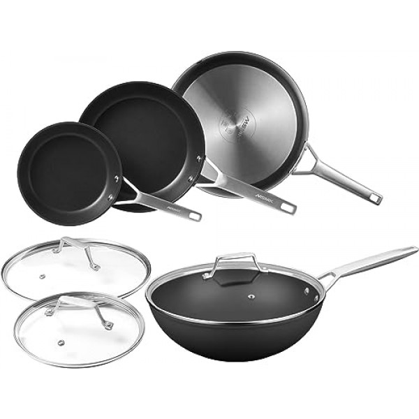 MSMK 7종 조리기구 세트(뚜껑 및 웍 포함), 보온성 손잡이, 부드러운 바닥이 고르게 가열됨, 타지 않고 붙지 않음, 인덕션, 긁힘 방지, 쉽게 세척됨, 식기세척기 사용 가