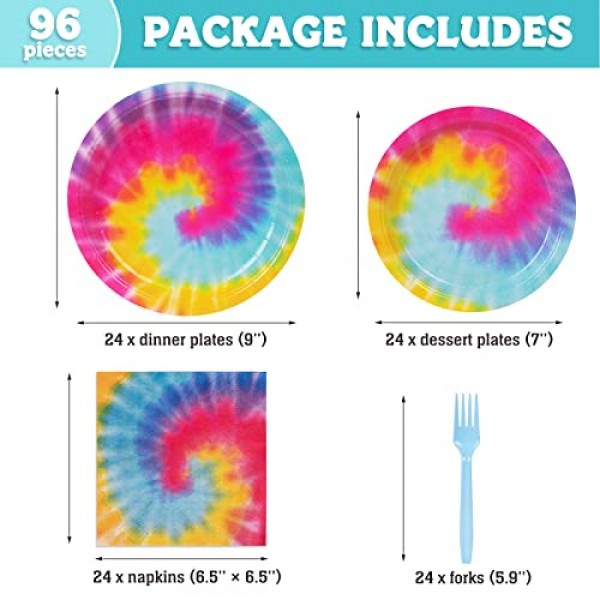 DECORLIFE 타이 염색 파티 용품 24인분, 생일 접시와 냅킨, 타이 염색 파티 장식용 포크 포함, 총 96개