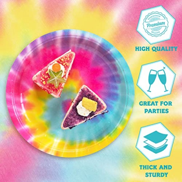 DECORLIFE 타이 염색 파티 용품 24인분, 생일 접시와 냅킨, 타이 염색 파티 장식용 포크 포함, 총 96개