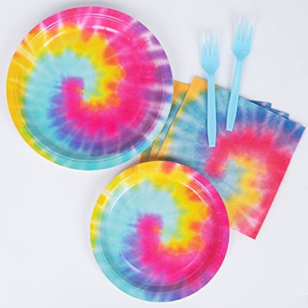 DECORLIFE 타이 염색 파티 용품 24인분, 생일 접시와 냅킨, 타이 염색 파티 장식용 포크 포함, 총 96개