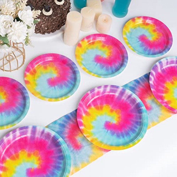 DECORLIFE 타이 염색 파티 용품 24인분, 생일 접시와 냅킨, 타이 염색 파티 장식용 포크 포함, 총 96개