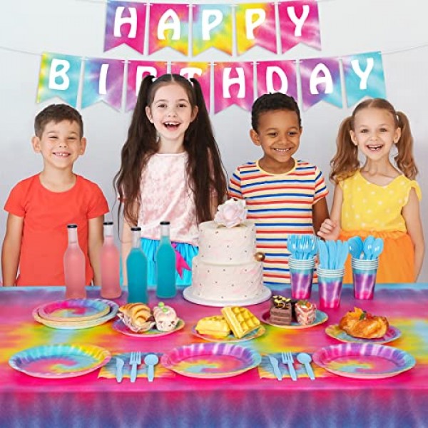 DECORLIFE 타이 염색 파티 용품 24인분, 생일 접시와 냅킨, 타이 염색 파티 장식용 포크 포함, 총 96개