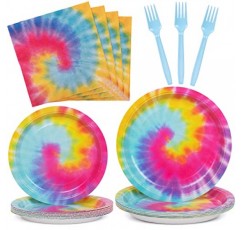 DECORLIFE 타이 염색 파티 용품 24인분, 생일 접시와 냅킨, 타이 염색 파티 장식용 포크 포함, 총 96개