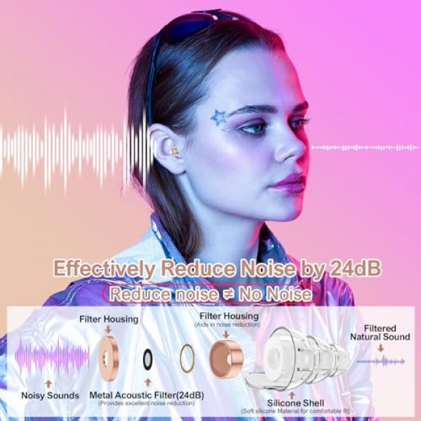 콘서트 음악가를 위한 고충실도 콘서트 귀마개, 소음 감소를 위한 귀마개, 음악 축제, DJ, 나이트클럽, 드러머를 위한 24db 고급 필터 기술 귀 보호 - 2쌍(로즈 핑크)