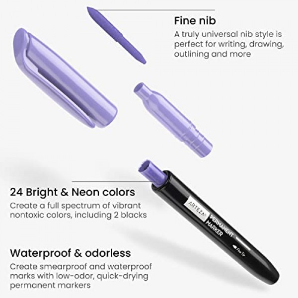 ARTEZA 컬러 영구 마커, 파인 팁 페인트 펜 24개 세트, 23가지 밝고 네온 색상, 방수 암석 페인팅, 유리, 목재용 미술 및 공예