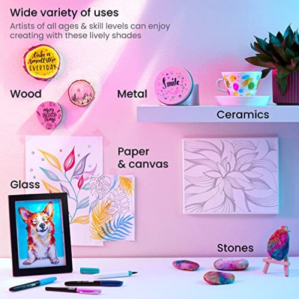 ARTEZA 컬러 영구 마커, 파인 팁 페인트 펜 24개 세트, 23가지 밝고 네온 색상, 방수 암석 페인팅, 유리, 목재용 미술 및 공예