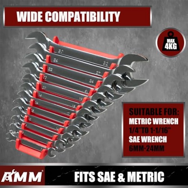 4팩 자석 렌치 정리함, 도구 상자 서랍장 및 벽걸이용 48슬롯 자석 렌치 홀더, SAE(1/4 - 1-1/16) 및 미터법(6mm-24mm)