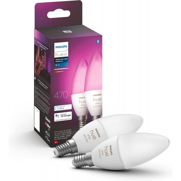 Philips Hue White & Color Ambiance E14 LED 램프 팩 2개, 밝기 조절 가능, 앱을 통해 제어 가능, Amazon Alexa(Echo Echo Dot) + 스마트 버튼과 호환 가능, 설치 없이 편리한 밝기 조절