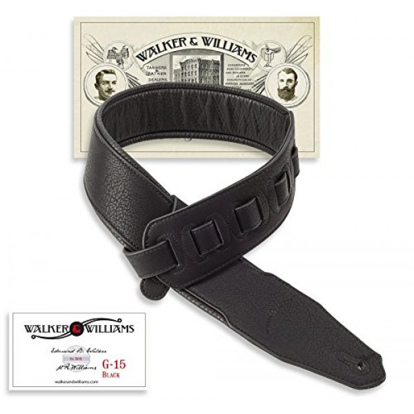 Walker & Williams G-15 어쿠스틱, 일렉트릭 및 베이스 기타용 두꺼운 패딩이 있는 블랙 가죽 천연 질감 기타 스트랩