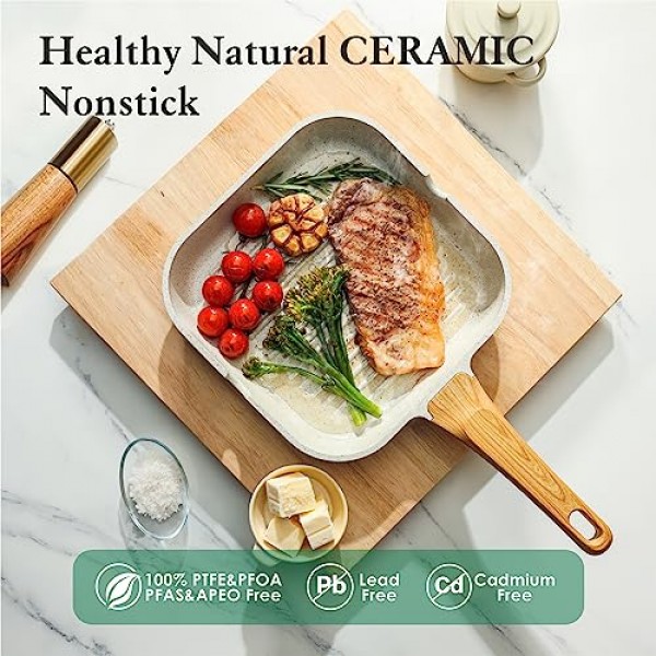 SENSARTE 스토브 상단용 붙지 않는 세라믹 그릴 팬, 쏟아지는 주둥이가 있는 다용도 사각형 그릴 팬, 모든 스토브(가스, 전기, 인덕션)용 내구성 있는 그릴 프라이팬 무독