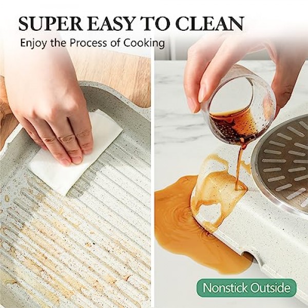 SENSARTE 스토브 상단용 붙지 않는 세라믹 그릴 팬, 쏟아지는 주둥이가 있는 다용도 사각형 그릴 팬, 모든 스토브(가스, 전기, 인덕션)용 내구성 있는 그릴 프라이팬 무독