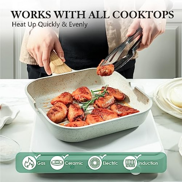SENSARTE 스토브 상단용 붙지 않는 세라믹 그릴 팬, 쏟아지는 주둥이가 있는 다용도 사각형 그릴 팬, 모든 스토브(가스, 전기, 인덕션)용 내구성 있는 그릴 프라이팬 무독