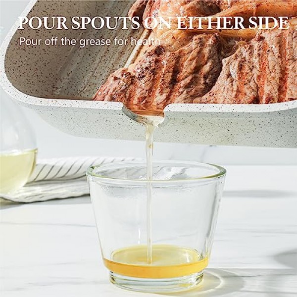 SENSARTE 스토브 상단용 붙지 않는 세라믹 그릴 팬, 쏟아지는 주둥이가 있는 다용도 사각형 그릴 팬, 모든 스토브(가스, 전기, 인덕션)용 내구성 있는 그릴 프라이팬 무독