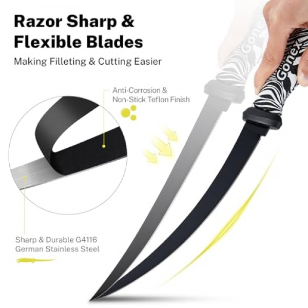 Gonex 생선 필렛 칼 낚시 본딩 나이프, 고기 절단용 낚시 장비 도구 세트, G4116 독일 스테인레스 스틸 블레이드, 미끄럼 방지 손잡이, 보호 덮개 및 2단 샤프너, 9인치