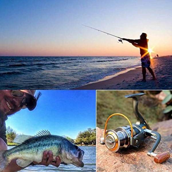 왼쪽/오른쪽 교환식 접이식 나무 손잡이가 있는 Sougayilang 스피닝 낚시 릴 강력한 금속 몸체 5.2:1/5.1:1 기어비 부드러운 11BB 해안 보트 바위 담수 바닷물 낚시