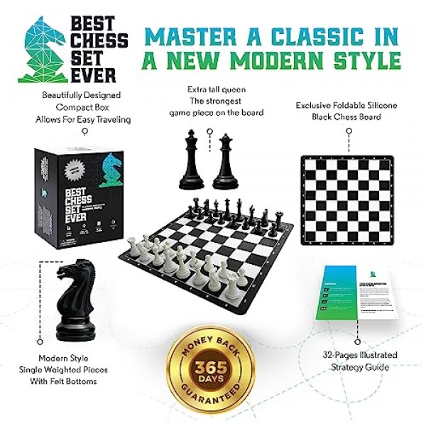 역대 최고의 체스 세트 토너먼트 체스 세트, 1X 단일 가중치 Staunton 조각, 20인치 x 20인치 접이식 실리콘 보드, 단일 헤비급 에디션