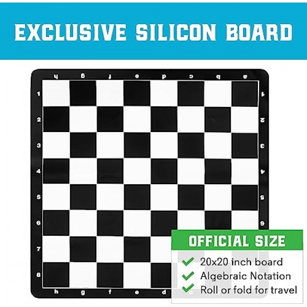역대 최고의 체스 세트 토너먼트 체스 세트, 1X 단일 가중치 Staunton 조각, 20인치 x 20인치 접이식 실리콘 보드, 단일 헤비급 에디션