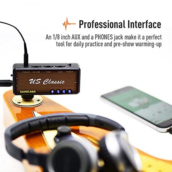 SONICAKE 기타 헤드폰 앰프 미니 기타 헤드폰 앰프 US 클래식 충전식 포켓 오버드라이브 리버브 효과