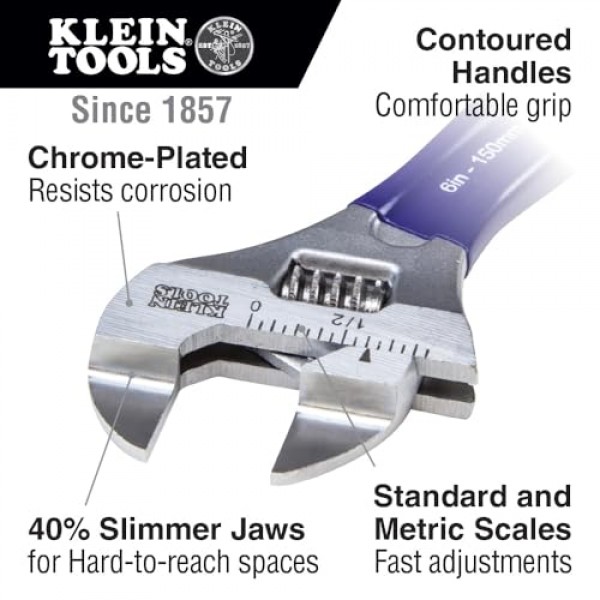 Klein Tools D86936 조정 가능한 렌치, 더 얇은 조와 고광택 크롬 마감으로 단조, 8인치