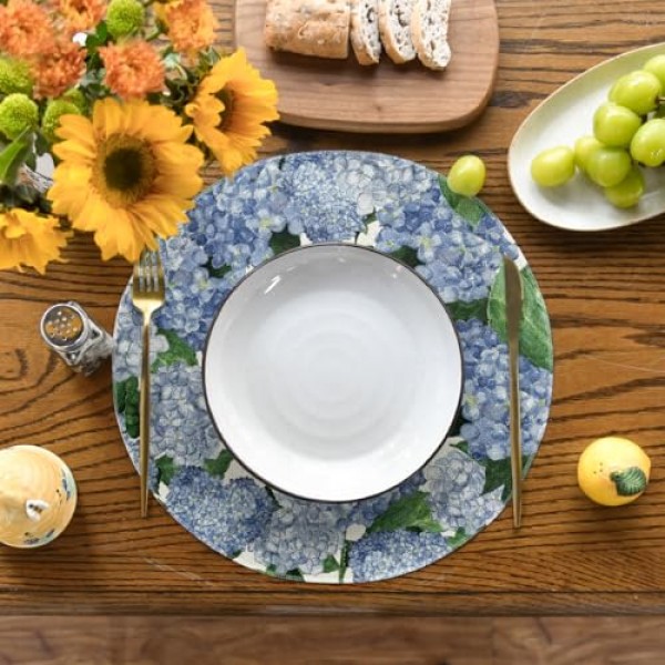 Artoid 모드 수채화 수국 여름 라운드 Placemats 식사 장식을위한 4, 15 인치 여름 라운드 테이블 매트 세트