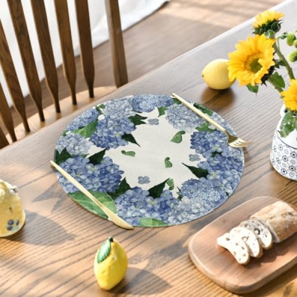 Artoid 모드 수채화 수국 여름 라운드 Placemats 식사 장식을위한 4, 15 인치 여름 라운드 테이블 매트 세트