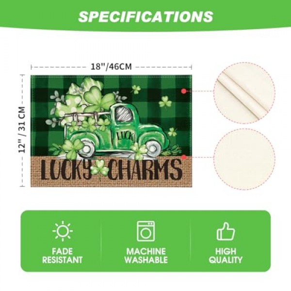 Artoid 모드 트럭 토끼풀 성 패트릭의 날 Placemats 4, 12x18 인치 녹색 버플라오 격자 무늬 스프링 테이블 매트 파티 주방 식사 장식 세트