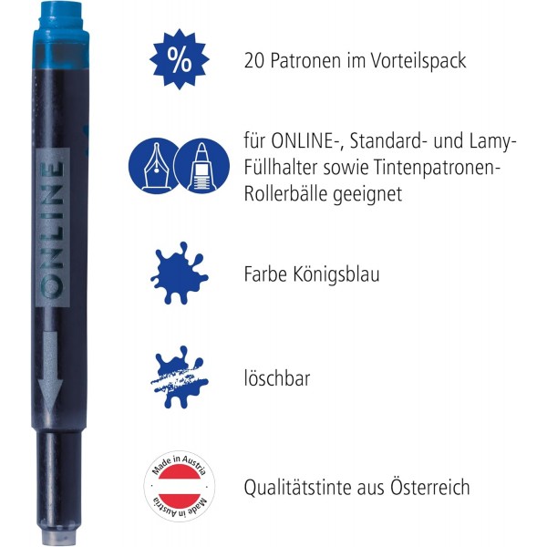 LAMY vista 만년필 012 - 펜촉 강도 M & ONLINE, 17026, 20x AA8 호환 라미 카트리지 블루, 범용 잉크 카트리지, 교체용 카트리지, 지울 수 있는, 세척 가능, 또한 잉크 카트리지 롤