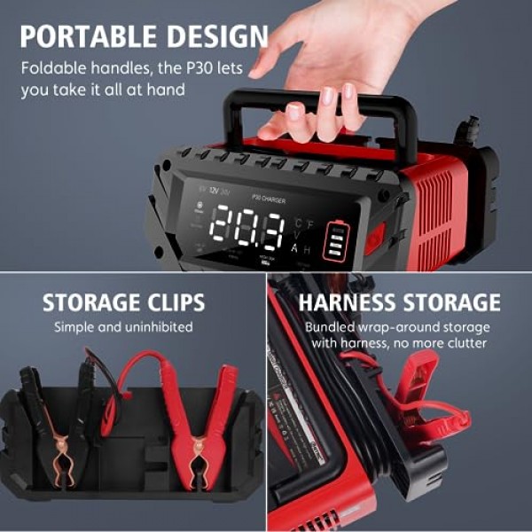 30 Amp 리튬 배터리 충전기, 6V/12V/24V Lifepo4, 납산(AGM/Gel/SLA..) 휴대용 자동차 배터리 충전기, 배터리 유지 보수 장치, 스마트 세류 충전기 및 자동차, 보트, 오토바이용 배