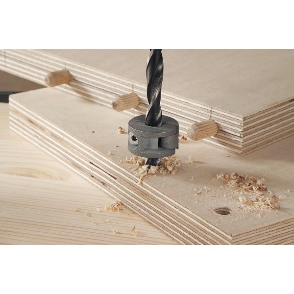 Wolfcraft Universal Dowel Jig (클린 코너용 실용 Dowel Jig) 및 Universal Depth Stop Set 3 Pcs. I 2755000 I 제한된 깊이 드릴링용