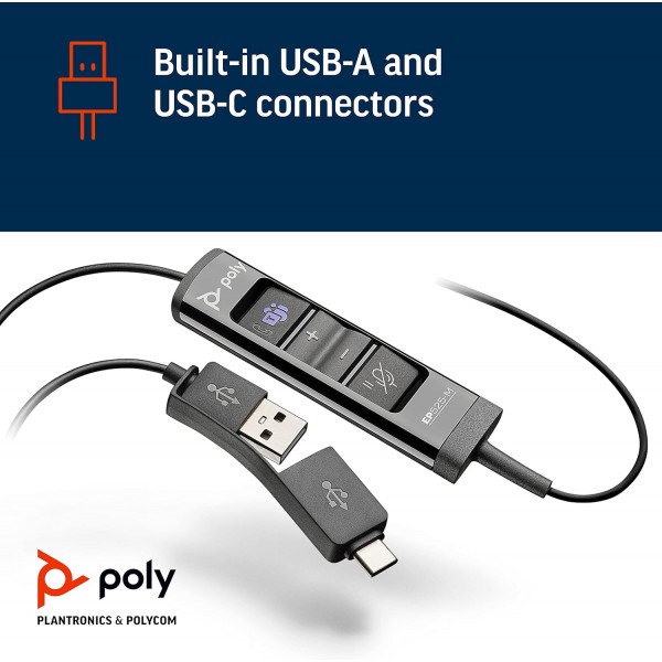 Poly - USB-A 및 USB-C가 포함된 EncorePro 525-M USB 헤드셋(Plantronics) - 청력 보호 장치 - 통화 보류 및 응답 버튼 - 팀에 최적화됨 - Binaural Stereo Standard Teams 인증