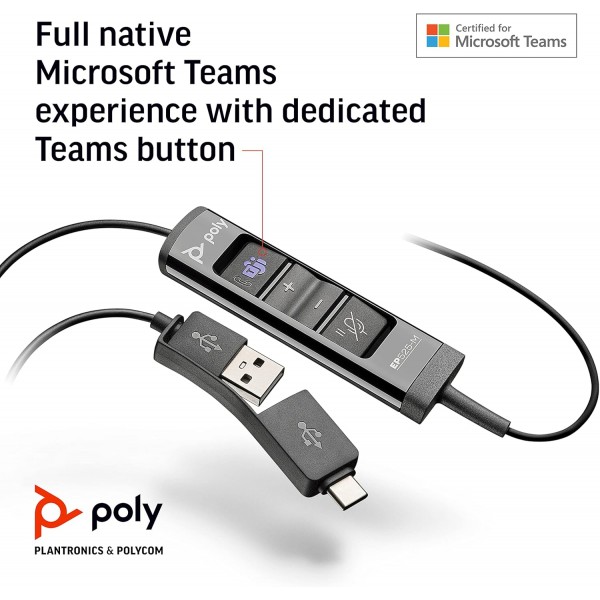 Poly - USB-A 및 USB-C가 포함된 EncorePro 525-M USB 헤드셋(Plantronics) - 청력 보호 장치 - 통화 보류 및 응답 버튼 - 팀에 최적화됨 - Binaural Stereo Standard Teams 인증