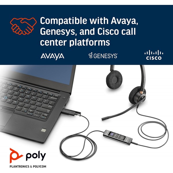 Poly - USB-A 및 USB-C가 포함된 EncorePro 525-M USB 헤드셋(Plantronics) - 청력 보호 장치 - 통화 보류 및 응답 버튼 - 팀에 최적화됨 - Binaural Stereo Standard Teams 인증