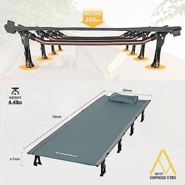 KingCamp 캠핑 침대, 성인용 접이식 휴대용 헤비 듀티 초경량 침대 캠핑 텐트 하이킹 배낭 등산 여행 실내 야외 실내 베이스 캠프 베개 포함, 지원 265파운드
