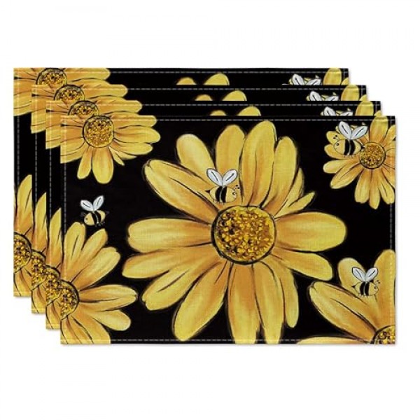 Artoid 모드 해바라기 여름 식탁용 플레이스 매트, 12 x 18 인치 봄 계절 휴일 장식 소박한 빈티지 세탁 가능 테이블 매트 4개 세트