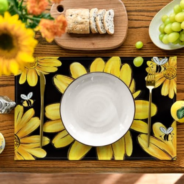 Artoid 모드 해바라기 여름 식탁용 플레이스 매트, 12 x 18 인치 봄 계절 휴일 장식 소박한 빈티지 세탁 가능 테이블 매트 4개 세트