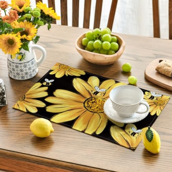Artoid 모드 해바라기 여름 식탁용 플레이스 매트, 12 x 18 인치 봄 계절 휴일 장식 소박한 빈티지 세탁 가능 테이블 매트 4개 세트