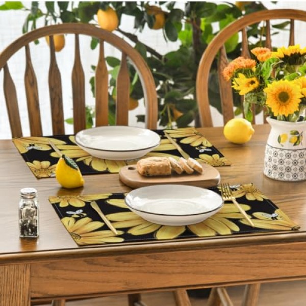 Artoid 모드 해바라기 여름 식탁용 플레이스 매트, 12 x 18 인치 봄 계절 휴일 장식 소박한 빈티지 세탁 가능 테이블 매트 4개 세트