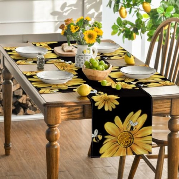 Artoid 모드 해바라기 여름 식탁용 플레이스 매트, 12 x 18 인치 봄 계절 휴일 장식 소박한 빈티지 세탁 가능 테이블 매트 4개 세트
