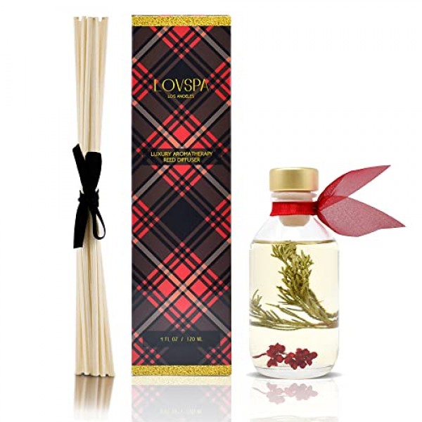 LOVSPA 조이 윈터베리 가문비나무 리드 디퓨저 스틱 세트 - 삼나무, 발삼, 베리 및 향신료 향 오일 - 겨울 휴가 홈 장식 미국산