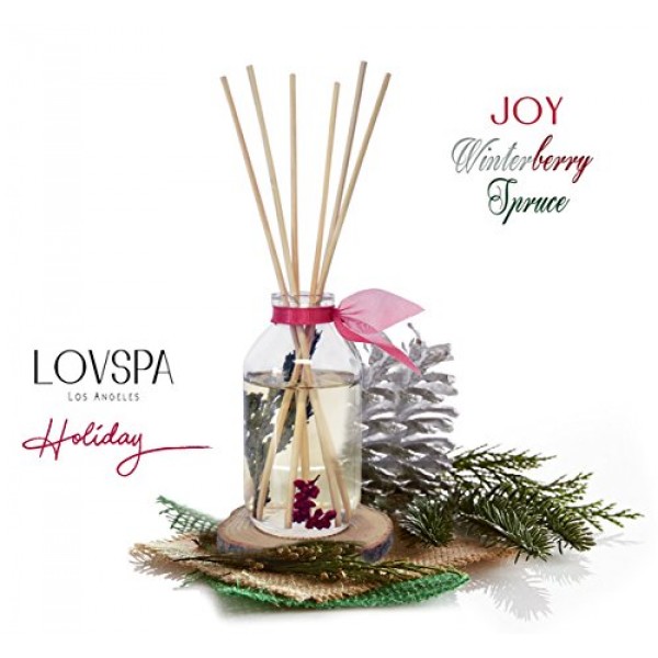 LOVSPA 조이 윈터베리 가문비나무 리드 디퓨저 스틱 세트 - 삼나무, 발삼, 베리 및 향신료 향 오일 - 겨울 휴가 홈 장식 미국산