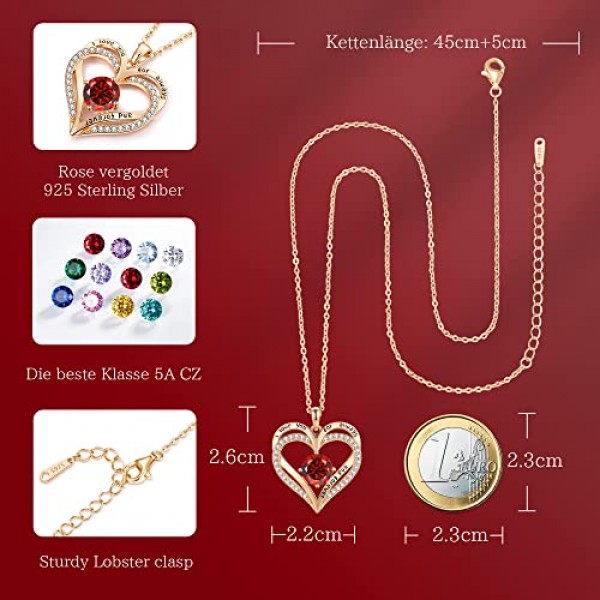 LOUISA SECRET 여성용 목걸이 영원히 사랑의 하트 펜던트 925 스털링 실버 탄생석 로즈 골드 목걸이 여성용 발렌타인 데이 크리스마스 생일 주얼리 여성용 선물 엄마 아내 