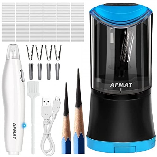 AFMAT 롱 포인트 연필깎이, 6-9.6mm 대형 연필용 충전식 아트 연필깎이, 예술가용 충전식 전기 지우개, 지우개 리필 140개