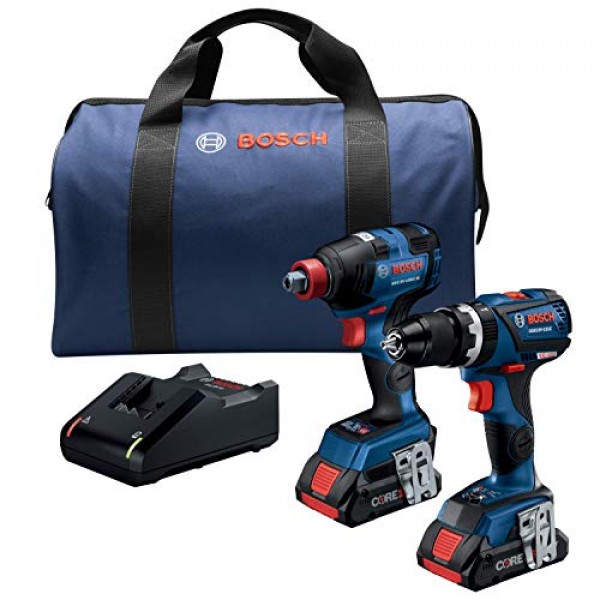 BOSCH GXL18V-251B25 18V 2도구 콤보 키트(1/4인치 포함) 그리고 1/2인치. 투인원 임팩트 드라이버, 컴팩트하고 견고한 1/2인치 해머 드릴/드라이버 및 (2) CORE18V 4.0 Ah 배터리