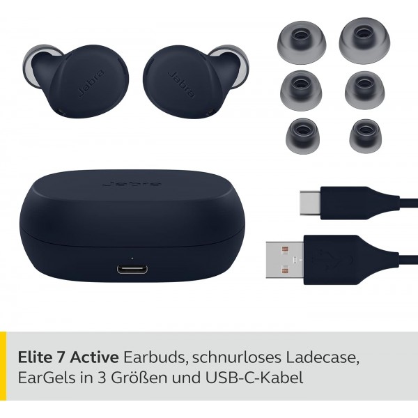 Jabra Elite 7 Active In Ear Bluetooth 이어버드 - 안정된 착용감을 위한 ShakeGrip과 조절 가능한 능동형 소음 제거 기능이 있는 진정한 무선 스포츠 헤드폰 - 다크 블루, 원 사이