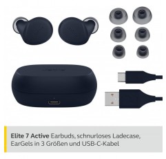 Jabra Elite 7 Active In Ear Bluetooth 이어버드 - 안정된 착용감을 위한 ShakeGrip과 조절 가능한 능동형 소음 제거 기능이 있는 진정한 무선 스포츠 헤드폰 - 다크 블루, 원 사이