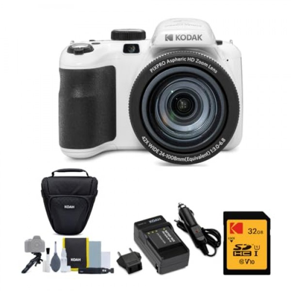 Kodak PIXPRO Astro Zoom AZ425 20MP 디지털 카메라(흰색) 번들, 32GB SD 카드, 충전식 배터리 및 충전기 키트, 카메라 케이스 및 액세서리 키트(4개 항목)