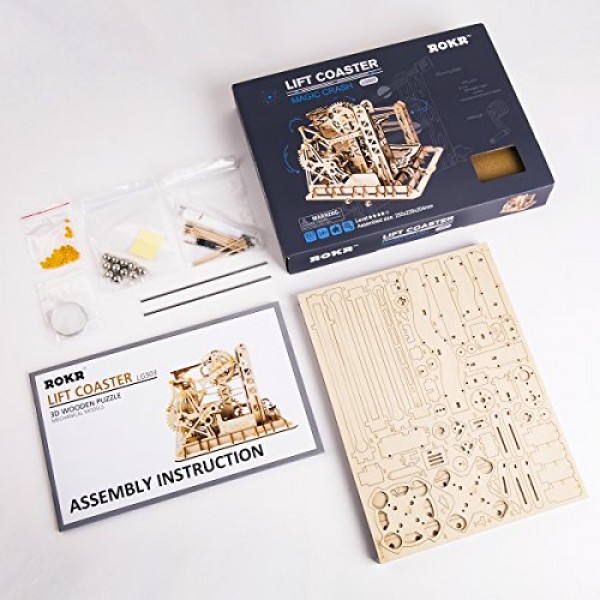 ROKR 3D 나무 퍼즐 대리석 실행 세트 - 성인을 위한 기계 모델 키트 소년/소녀를 위한 DIY 롤러 코스터 장난감 선물(대리석 채널)