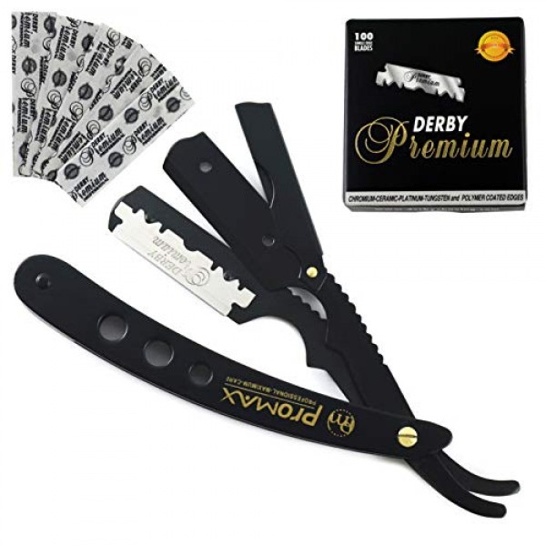 전문 이발사 직선 면도기 - 이발사용 직선 면도날과 호환되는 이발사, 블랙 매트 직선 Razor-160-10054BM3H(블랙 매트와 블랙 프리미엄 블레이드)