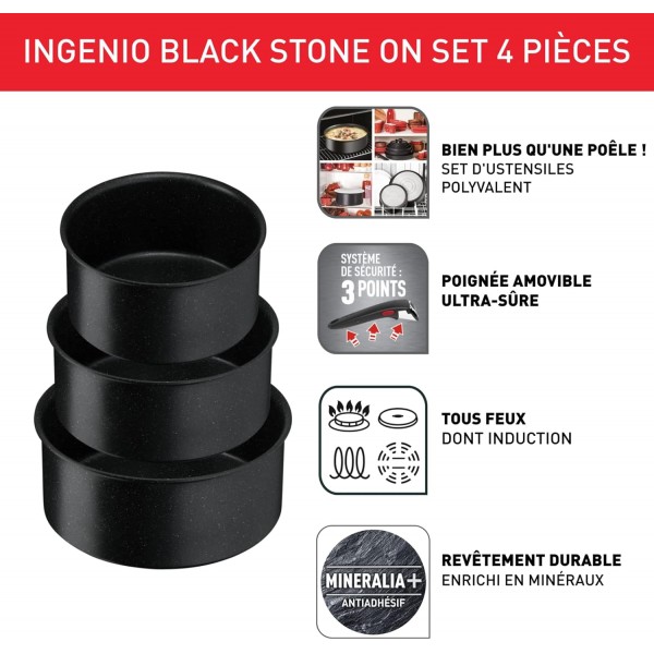 테팔 인제니오 블랙스톤 조리기구 4피스 쌓을 수 있는 공간 절약형 논스틱 코팅 온도 디스플레이 건강한 안전 Made in France Induction L3998902